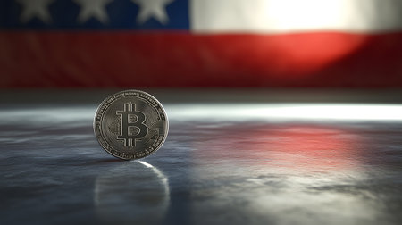 Bitcoin cryptocurrency coin on the background of the American flag. 3D renderingの素材