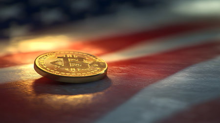 Golden bitcoin on the flag of the United States of America. 3D renderingの素材