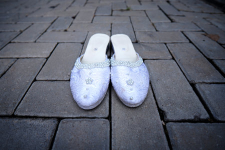 Wedding shoes on the pavement. Wedding in Montenegro.の写真素材
