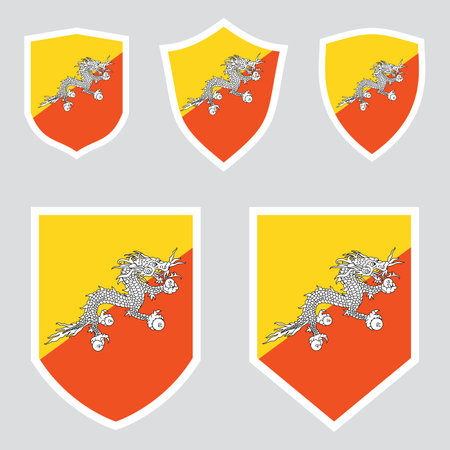 Bhutan flag in shield shape vector icon set. National flag of Bhutan.のイラスト素材