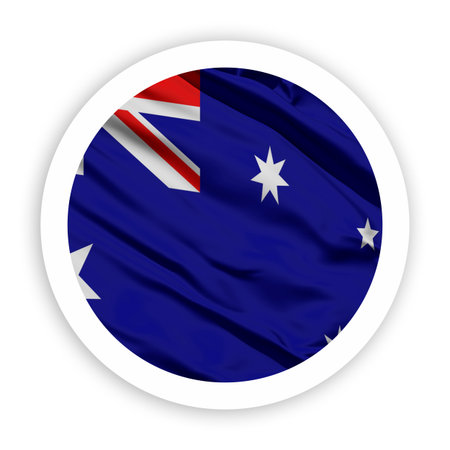 round sticker with flag of australia on a white background, fluttering in the windの写真素材