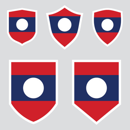 Laos flag in shield shape on grey background. Vector illustration.のイラスト素材