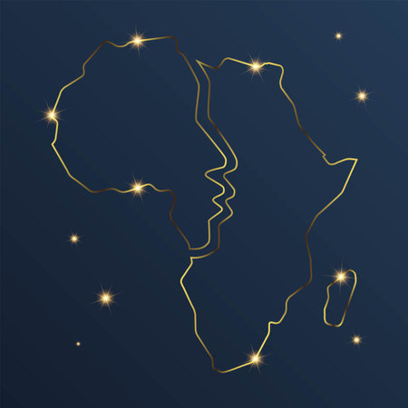 the silhouette of a person's face is hidden in the silhouette of the African continent with gold lines and star effectsのイラスト素材