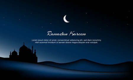 Ramadan Kareem Background with Silhouette of a Mosque in the Desert. Banner, Poster, Greeting Card. Vector Illustration.のイラスト素材