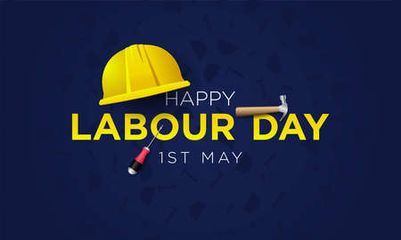 Labour Day Background Design with helmet, hammer and screwdriver illustration. Vector Illustrationのイラスト素材