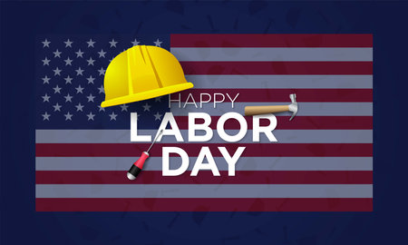 Labor Day Background Design with helmet, hammer and screwdriver illustration. Vector Illustrationのイラスト素材