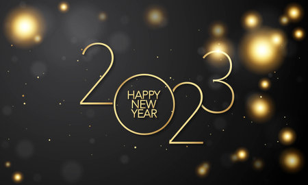 2023 Happy New Year Background Design. Golden 2023 Happy New Year Lettering on Black Background. Vector Illustration.のイラスト素材