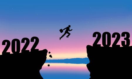 2023 New Year Background Design. A businessman is jumping over to cliff and jump across between 2022 and 2023 word. Vector Illustrationのイラスト素材