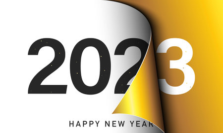 Happy New Year 2023 greeting card design template. End of 2022 and beginning of 2023. The concept of the beginning of the New Year. The calendar page turns over and the new year begins.のイラスト素材
