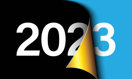 Happy New Year 2023 greeting card design template. End of 2022 and beginning of 2023. The concept of the beginning of the New Year. The calendar page turns over and the new year begins.のイラスト素材