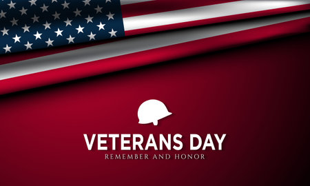 Veterans Day Poster Design with American Flag illustration on red background. Vector Illustration.のイラスト素材