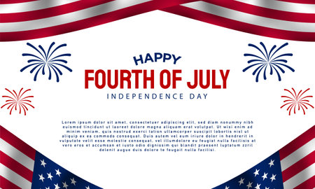 4th of July Independence Day background design with fireworks and waving flag illustration on white background. Vector Illustration.のイラスト素材