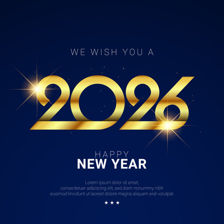 2026 Happy New Year Background Design with Golden Numbers and Light Illustration on Blue Background. Brochure, Greeting Card, Banner, Poster. Vector Illustration.のイラスト素材
