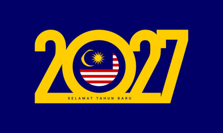 Template design for New Year 2027 celebration with Malaysian flag on blue background. Translation :...