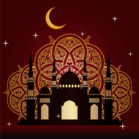 Mosque with dark red background, Happy Eid Mubarak 53 vector design illustrationのイラスト素材