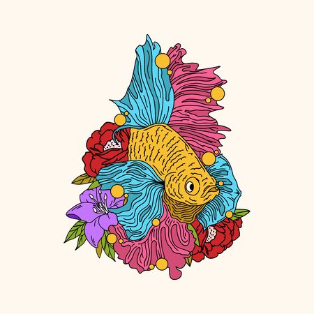 Betta Fish Beautiful Color With Flowerのイラスト素材
