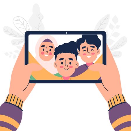 Hand holding tablet app having video call with friends vector illustrationのイラスト素材