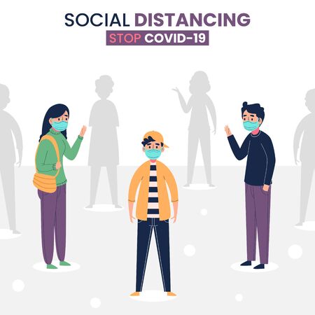 People using face mask and social distancing for covid19 vector illustrationのイラスト素材