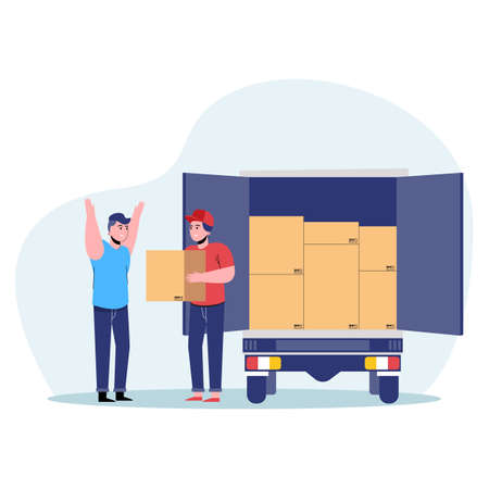 Happy delivery man and track. Flat design modern vector illustration conceptのイラスト素材