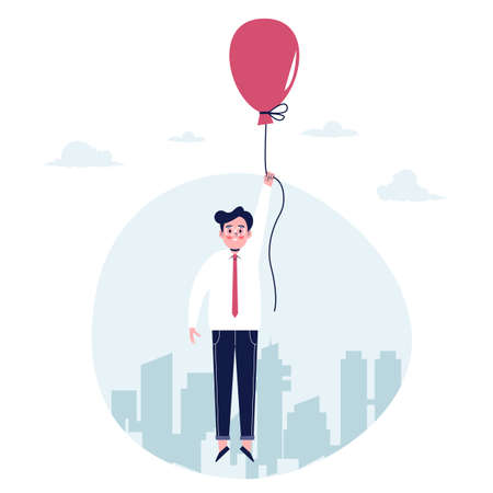 Businessman is flying in a hot air balloon concept. Flat design vector illustrationのイラスト素材