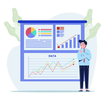 Businessman pointing at charts on a board during business presentation. Happy businessman giving business presentation concept. Flat design vector illustrationのイラスト素材