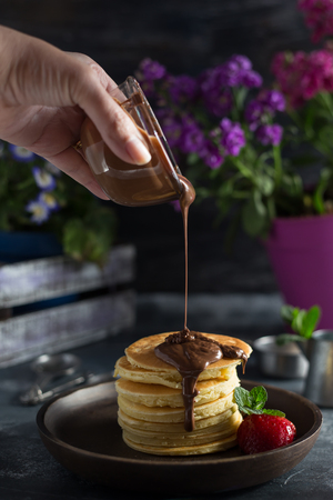 pancakes with chocolate & strawberriesの写真素材
