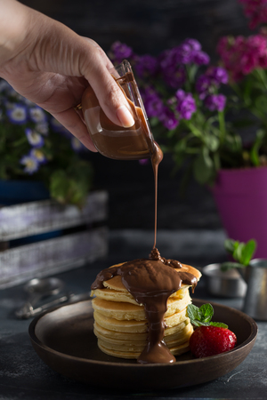 pancakes with chocolate & strawberriesの写真素材