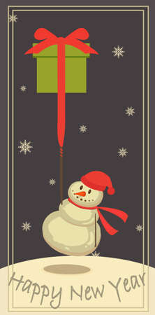 Snowman holding on to the gift and takes off. New Year card.のイラスト素材
