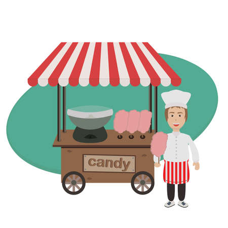 Seller of cotton candy and trolley with equipment for cookingのイラスト素材