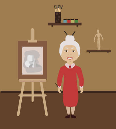 Grandmother-painter near easel in the studio making a sketchのイラスト素材