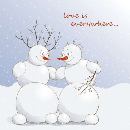 Vector illustration of cute amorous snowmen under the snowのイラスト素材
