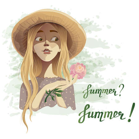 Beautiful romantic summer girl in a straw hat with a dainty flower peonyのイラスト素材