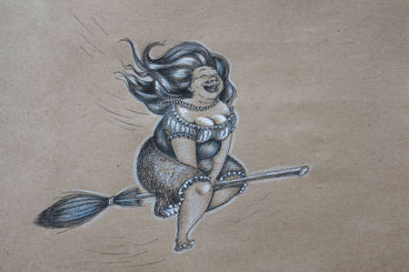 Hand drawn joyful plump witch flying on a broomstickの写真素材