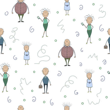 Vector seamless pattern with funny cartoon smiling people - a thick man, a girl, an office man, a business woman.のイラスト素材