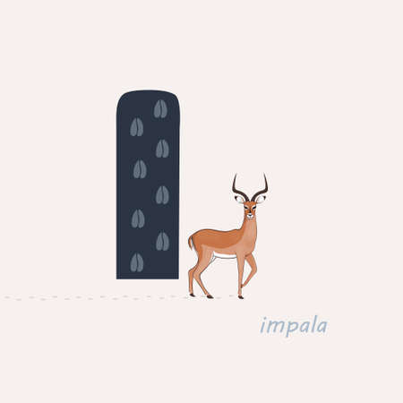 Vector illustration. Blue letter I with impalas footprints, a cartoon impala. Animal alphabet.のイラスト素材