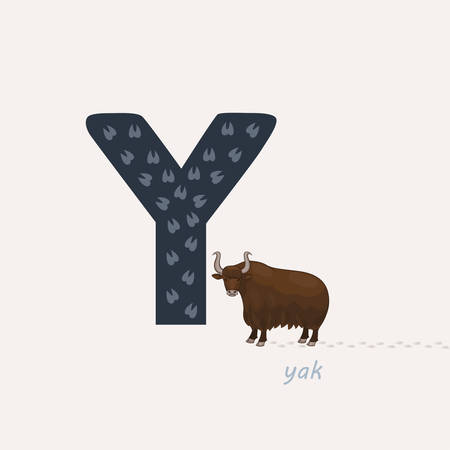Vector illustration. Blue letter Y with yak footprints, a cartoon yak. Animal alphabet.のイラスト素材