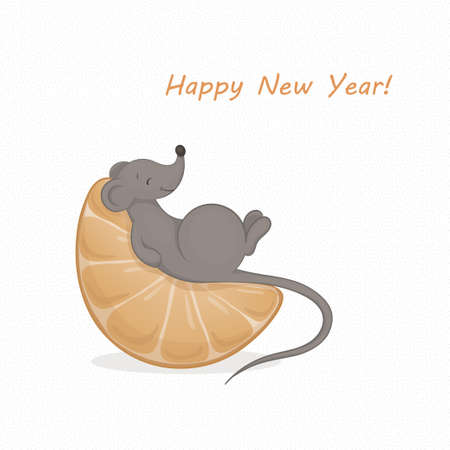 Vector illustration of a cartoon cute gray mouse laying on the orange mandarin. Text Happy New Yearのイラスト素材