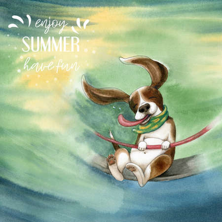 Hand-drawn watercolor illustration of a cute funny happy dog Beagle with fluttering flaps and tongue in a handkerchief riding on a merry-go-round on the bright background with summer textの写真素材