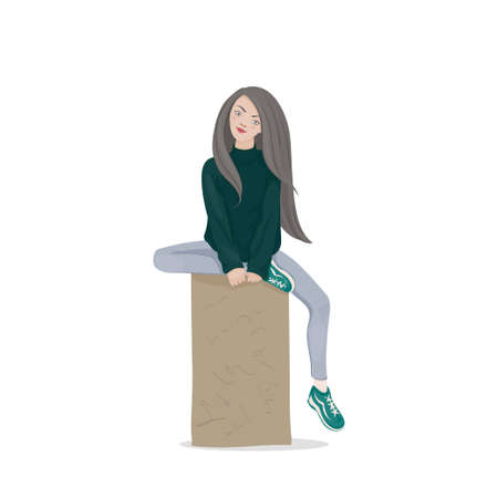 A young woman with long hair in a dark green sweater and sports shoes sitting on a spur stone. A student girl. Vector illustration.のイラスト素材