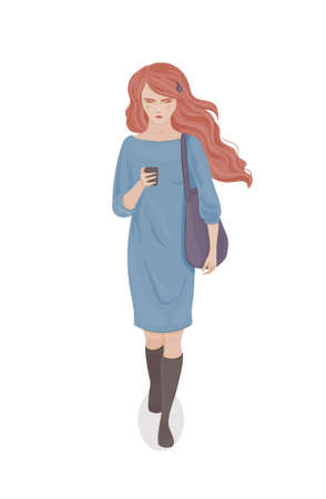 Young woman with red hair in a blue dress with a purple bag and telephone in her hand. Walking girl. Vector illustrationのイラスト素材