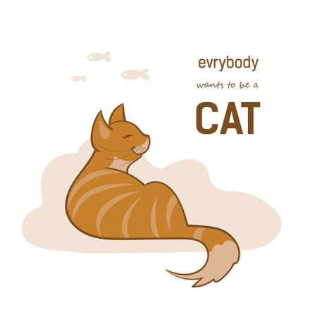 Vector illustration, a cartoon cute red cat on a white background with cloud and fishes. Text...