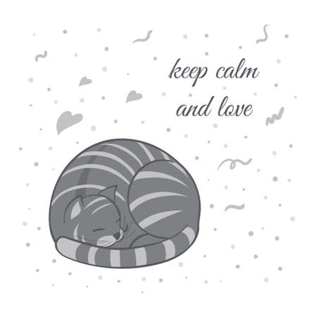 Vector illustration, a cartoon cute sleeping gray cat on a white background with hearts and dots. Text keep calm and love.のイラスト素材