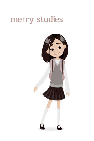 A cute asian smiling school girl with a dark hair and a schoolbag on her shoulders in a gray waistcoat and a short skirt. Vector cartoon illustration. Isolated on the white background.のイラスト素材