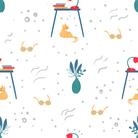 Vector seamless pattern with a yellow cat lying under an occasional table with books and a...