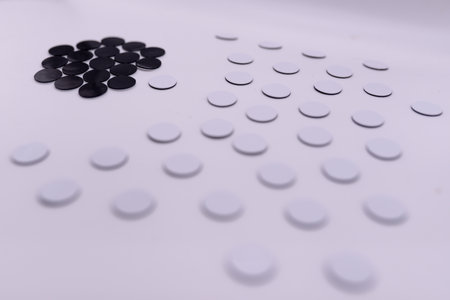 Black discs clustered in upper left, white discs spread across surface, illustrating contrast in...