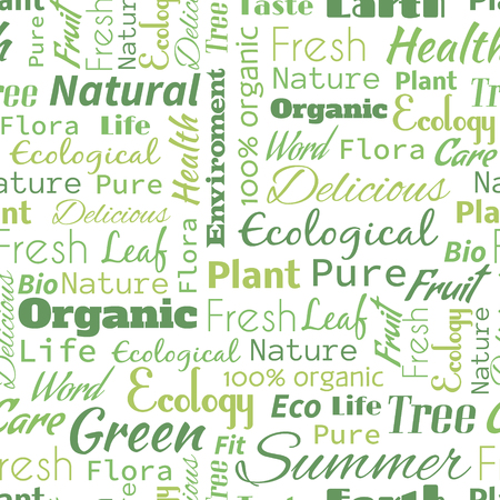 Organic or Natural text word  seamless pattern, metaphor to ecology, life, Healthy, nature, fresh, eco, summer, leafのイラスト素材