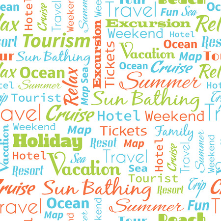 Travel or tourism text word  seamless pattern, metaphor to vacation, family, summer, voyage, transport, fun, leisure, worldwide cruiseのイラスト素材