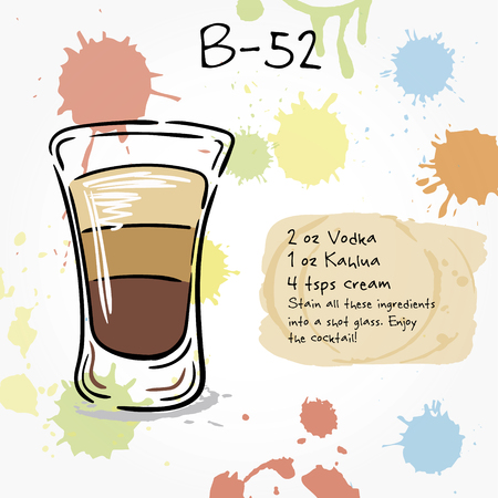 B-52. Hand drawn illustration of cocktail, including recipes and ingredients. Vector collection.のイラスト素材
