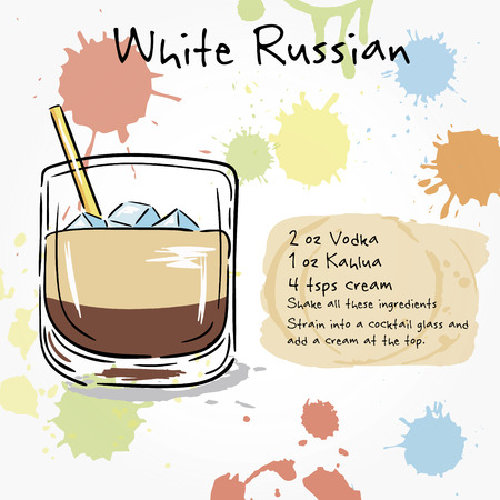 White Russian. Hand drawn illustration of cocktail, including recipes and ingredients. Vector collection.のイラスト素材