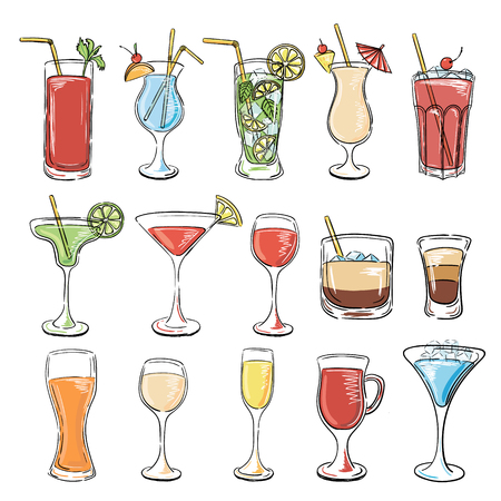 Cocktails collection. Vector Set of Sketch Cocktails and Alcohol Drinks. Margarita, Blue Lagoon, Mojito, Cosmopolitan, Pina Colada, Bloody Mary, Mulled wine, Iceberg, Long island, White Russian.のイラスト素材